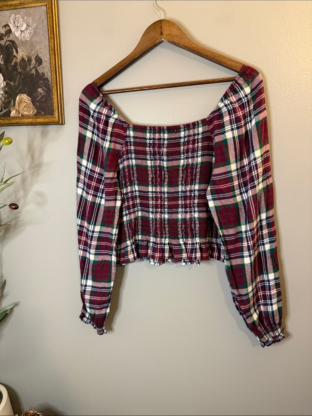 SO Goods for Life Plaid Smocked Off Shoulder Crop Top XL Cottagecore Fall - Picture 8 of 8